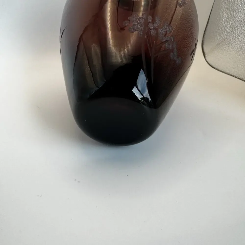 Hand Blown Ruby‎ Red Vase Etched Trees & Dragonfly 8”
